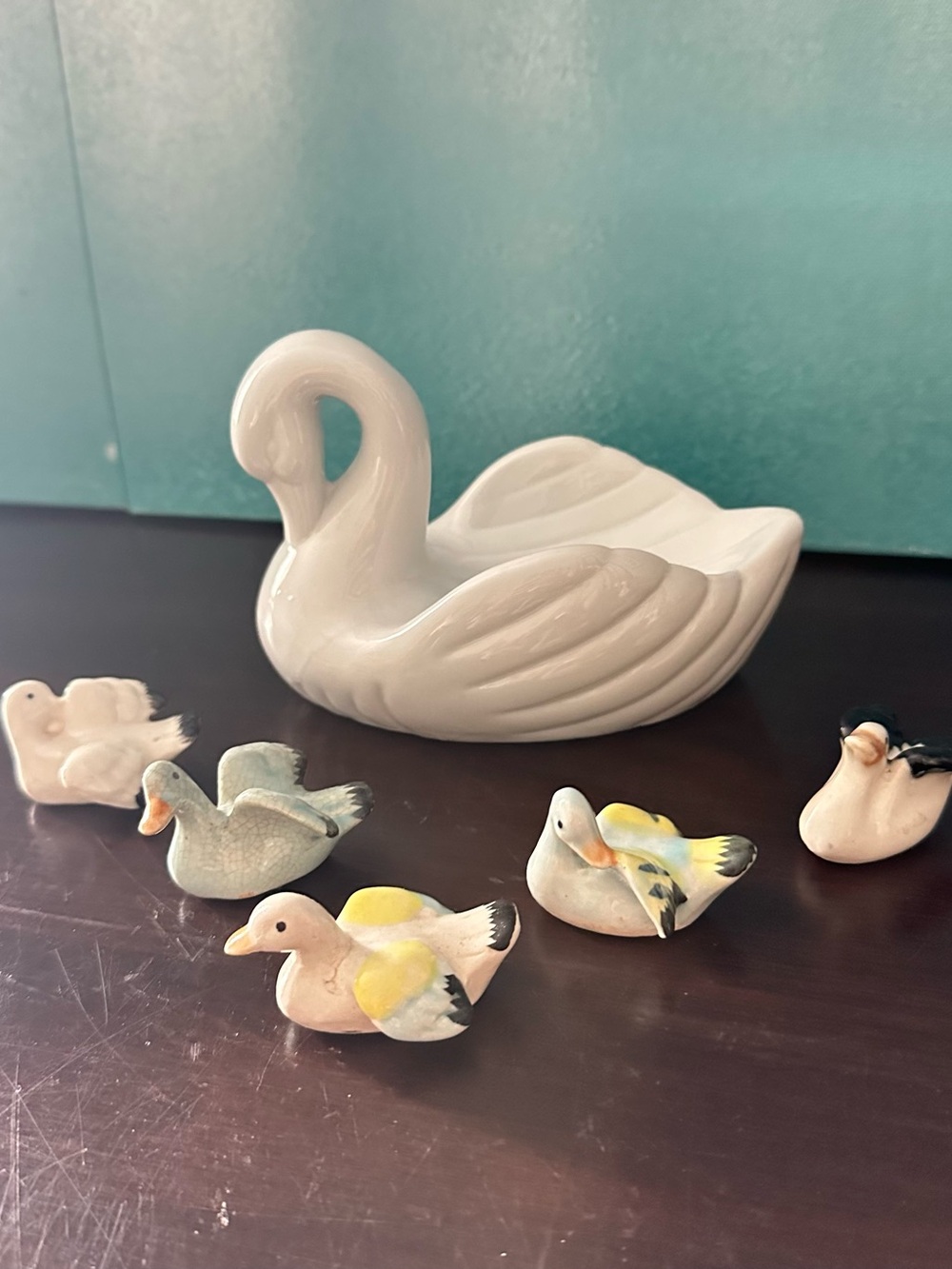 White Ceramic Swan Bar soap holder with Miniature Duck Figurines